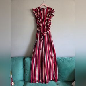Fashion Nova Striped Flutter Sleeve Maxi Jumpsuit Belted V-neck Vacation Brunch